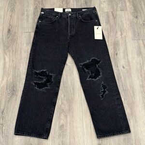 Citizens Of Humanity Emery Black Distressed Denim Relaxed Straight Leg Crop Jean